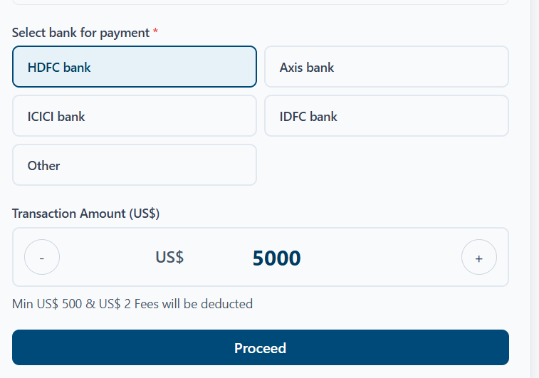 Bank selection and payment screen