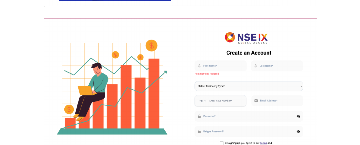 NSE IX Global Access create account form with name, residency type, phone and email fields