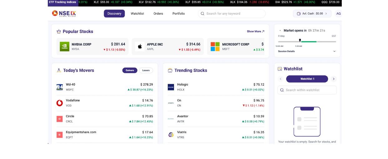 NSE IX Global Access Discovery dashboard showing popular stocks, today's movers, trending stocks and a market-open countdown timer