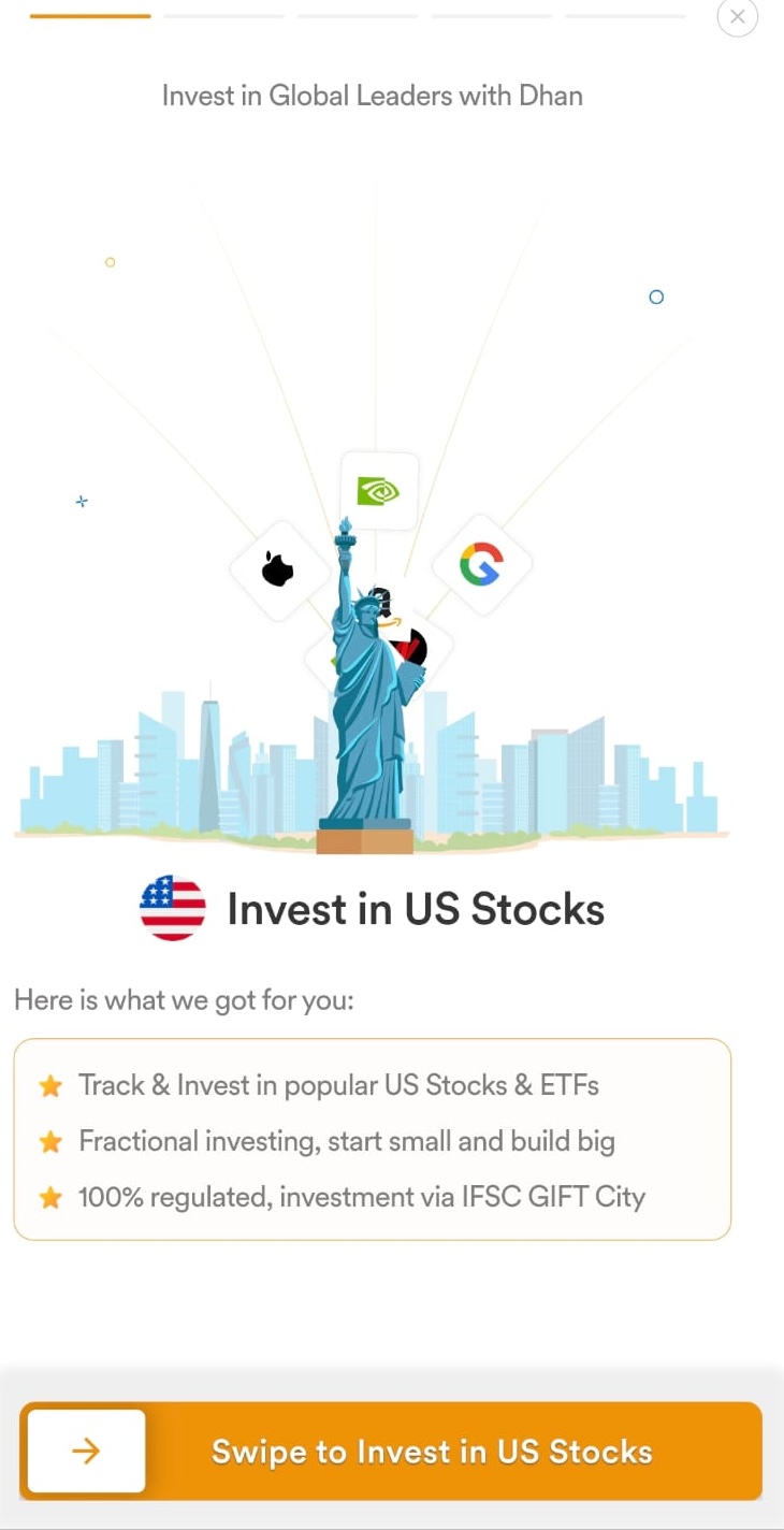 Dhan app onboarding screen introducing US stocks investing with swipe to continue button