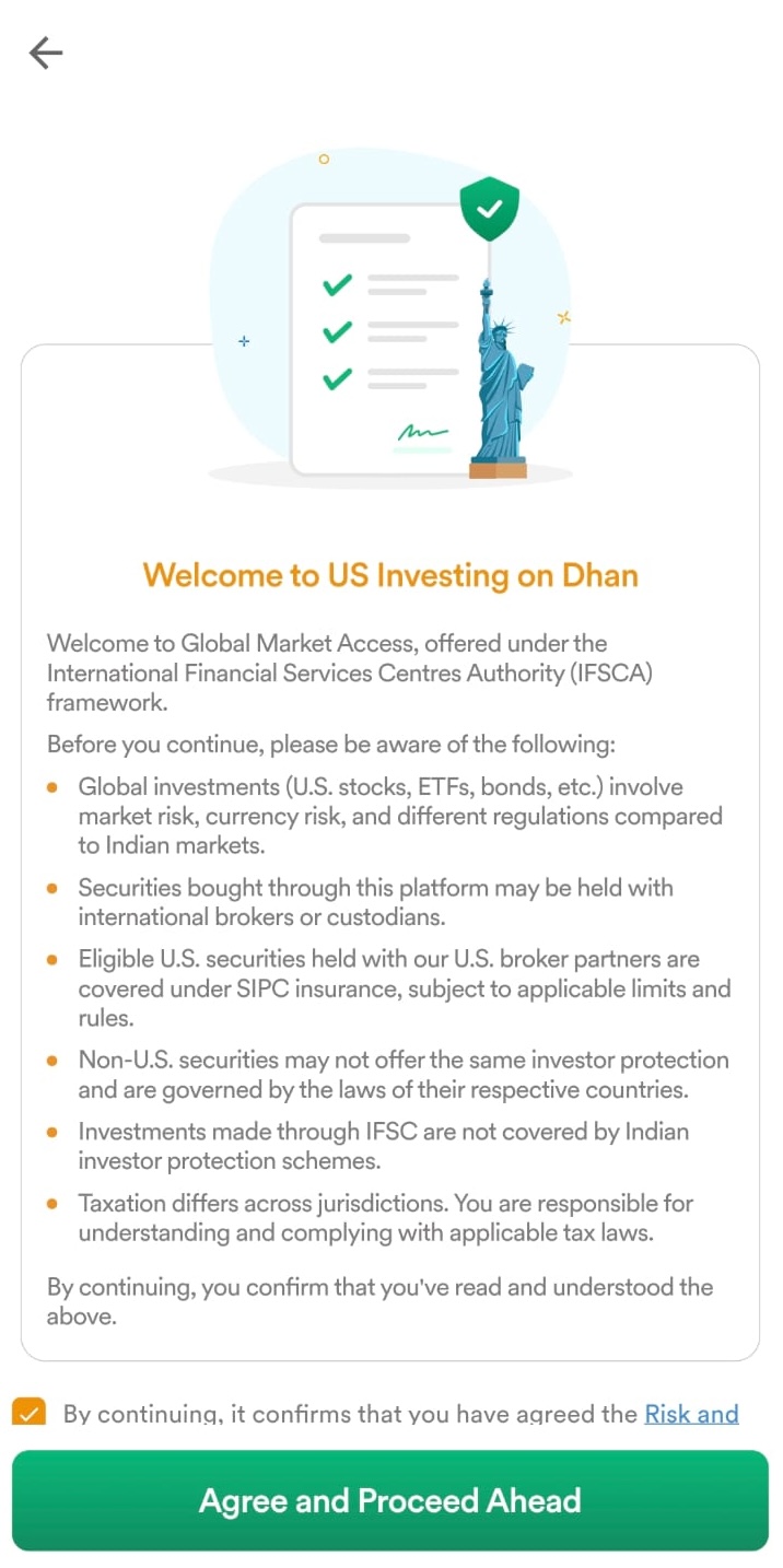 Dhan app risk disclosure screen for US investing under IFSCA framework with Agree and Proceed Ahead button