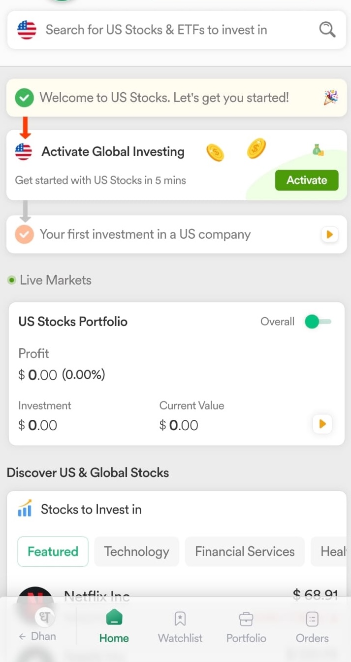 Dhan app US Stocks home screen with Activate Global Investing prompt and portfolio summary