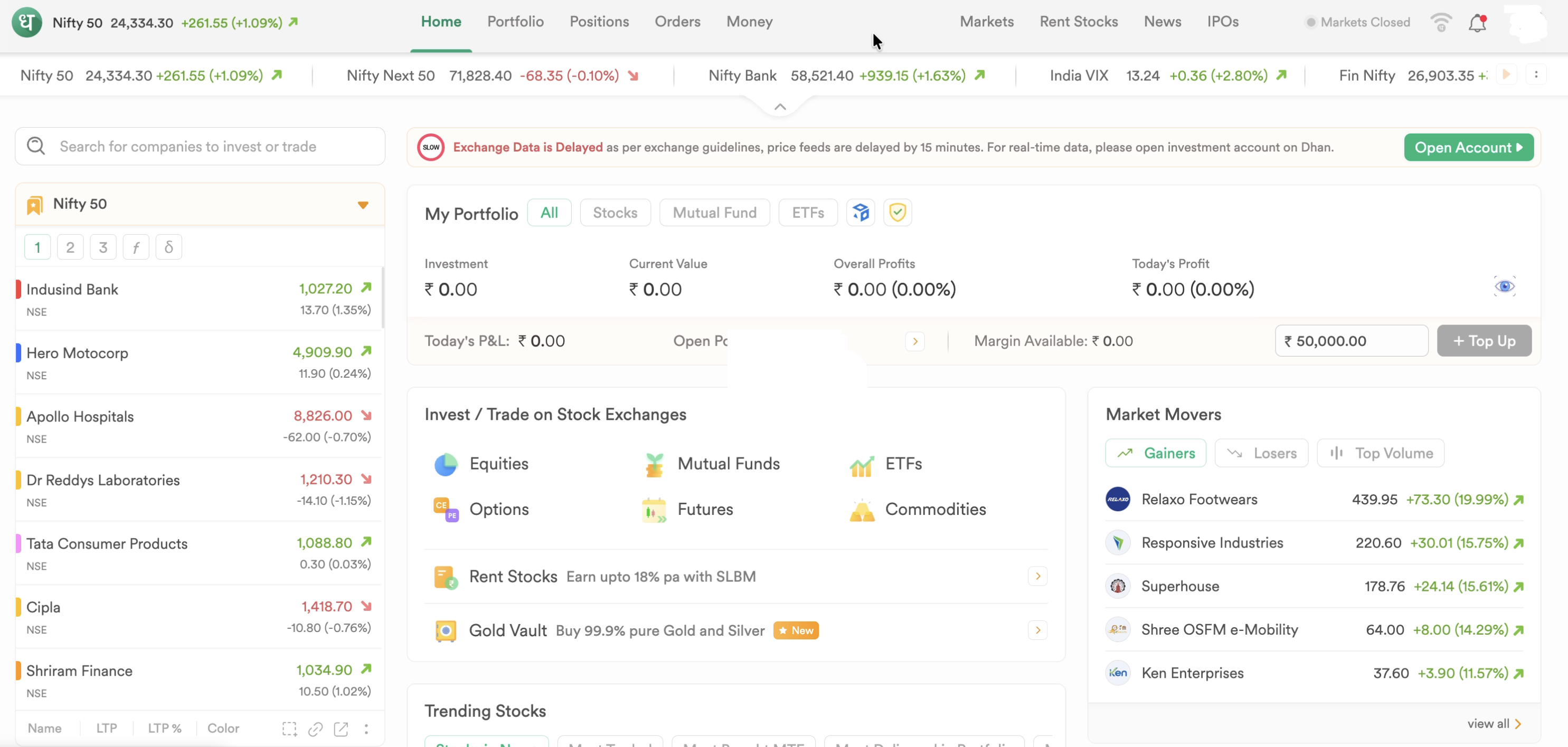 Dhan trading dashboard showing portfolio summary, market movers, and investment options
