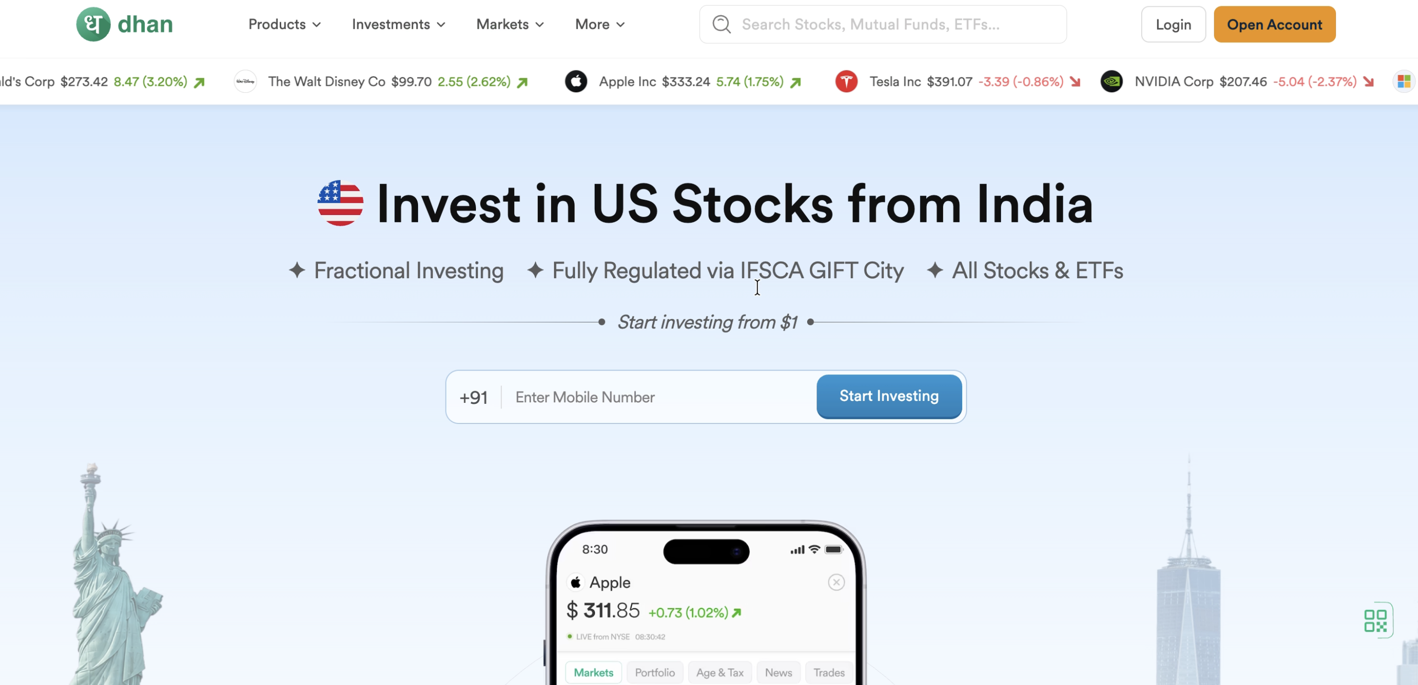 Dhan website landing page for Invest in US Stocks from India, showing mobile number entry field