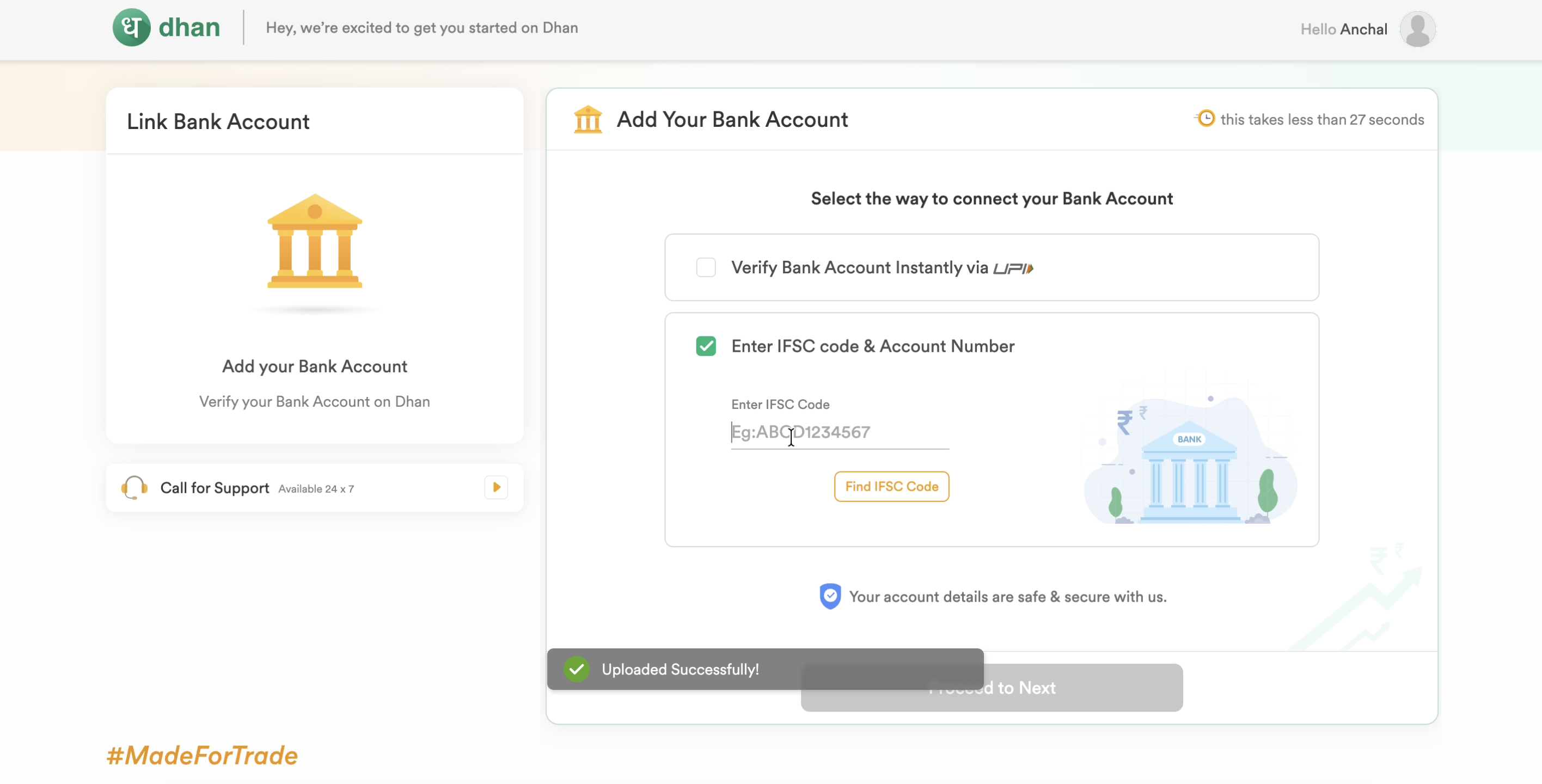 Dhan bank account linking screen with UPI and IFSC code entry options