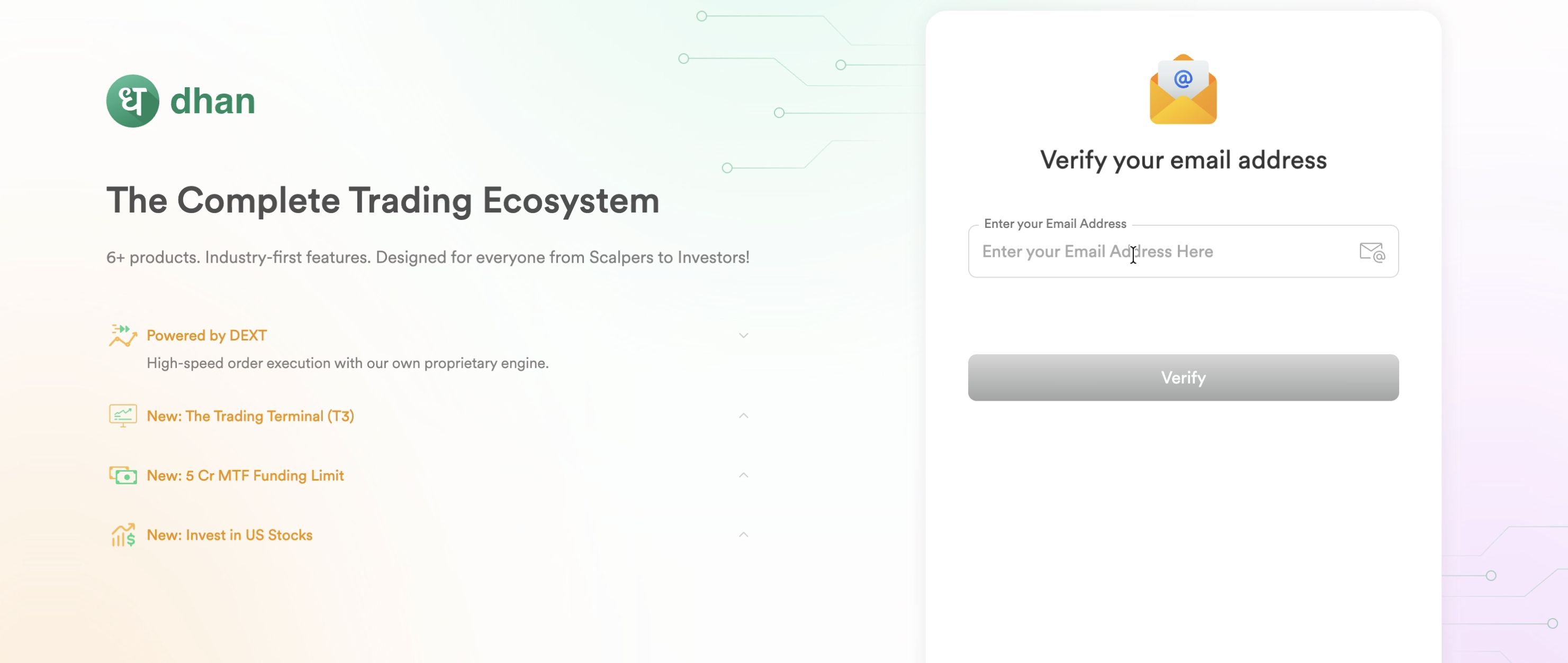 Dhan email verification screen with email address input field