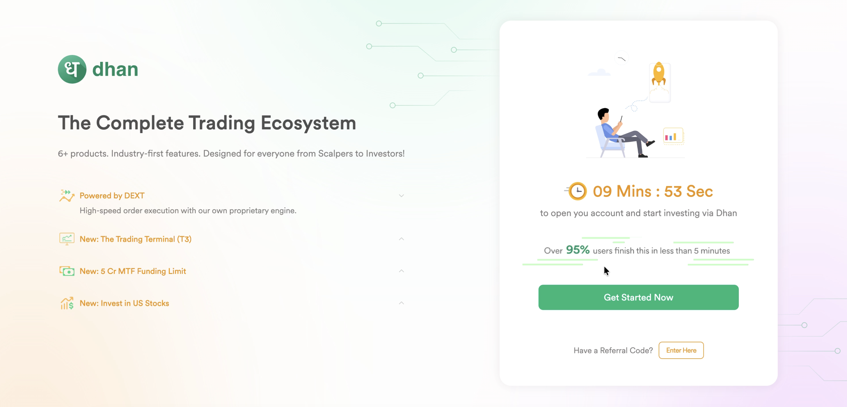 Dhan account setup start screen showing estimated completion time and Get Started Now button