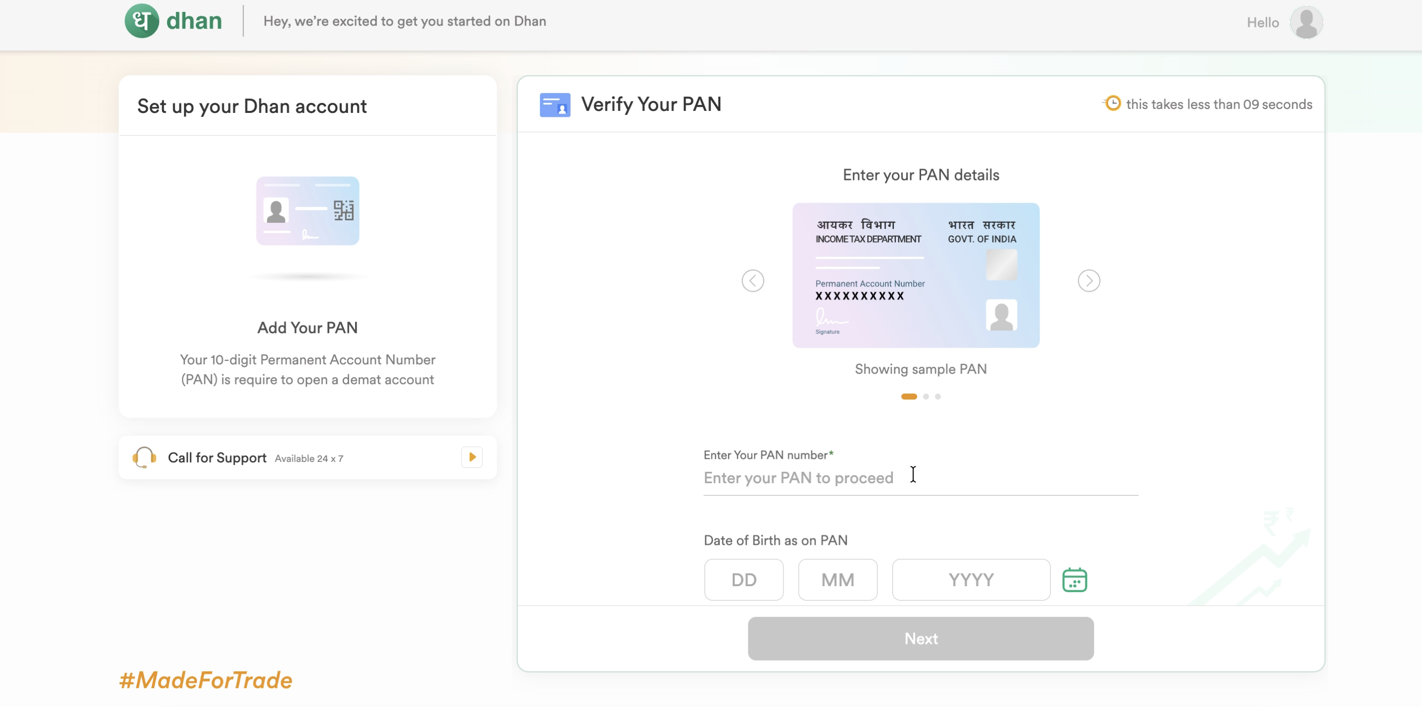 Dhan PAN verification screen requesting PAN number and date of birth