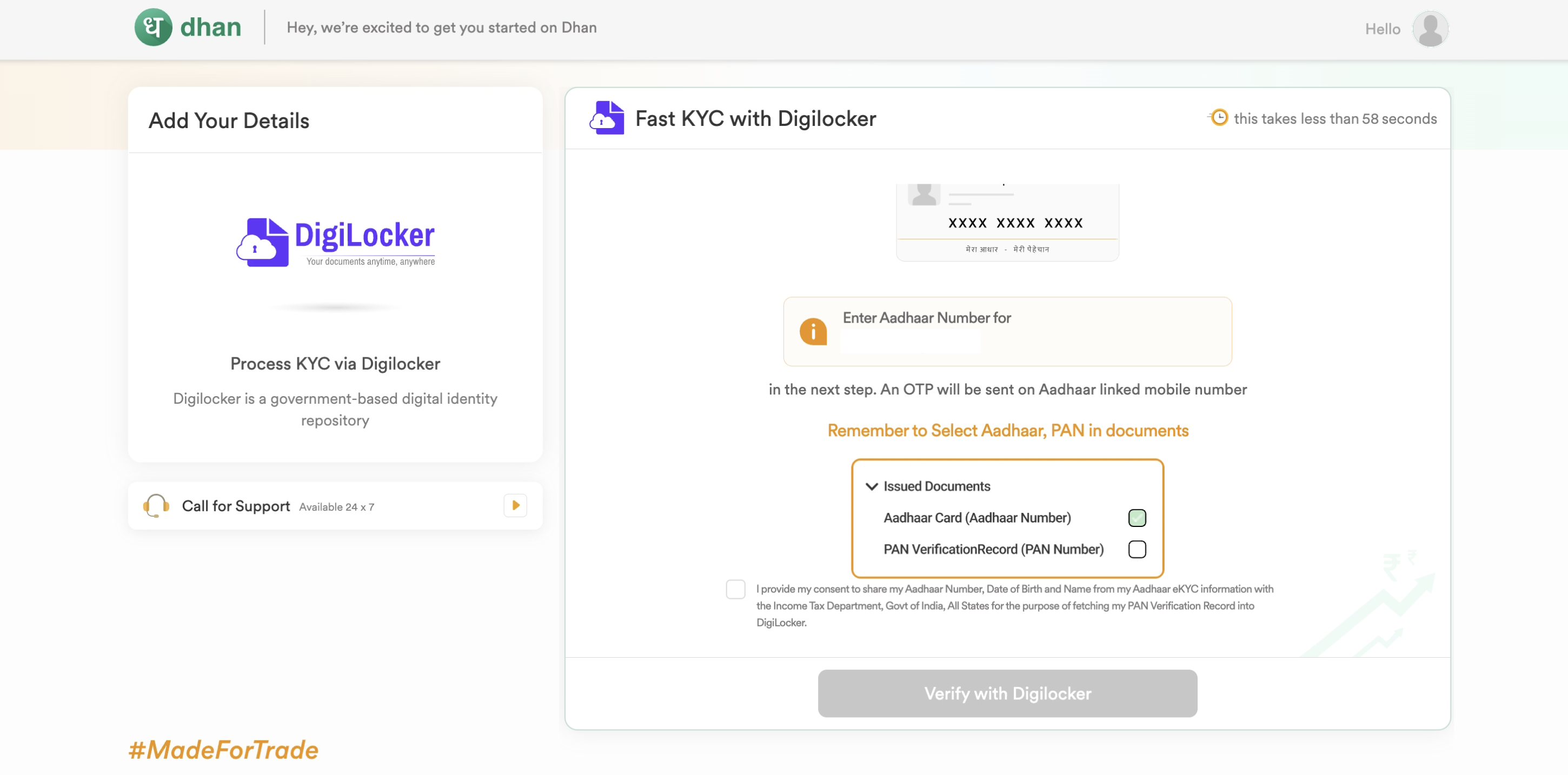 Dhan DigiLocker KYC screen for Aadhaar number entry and document selection