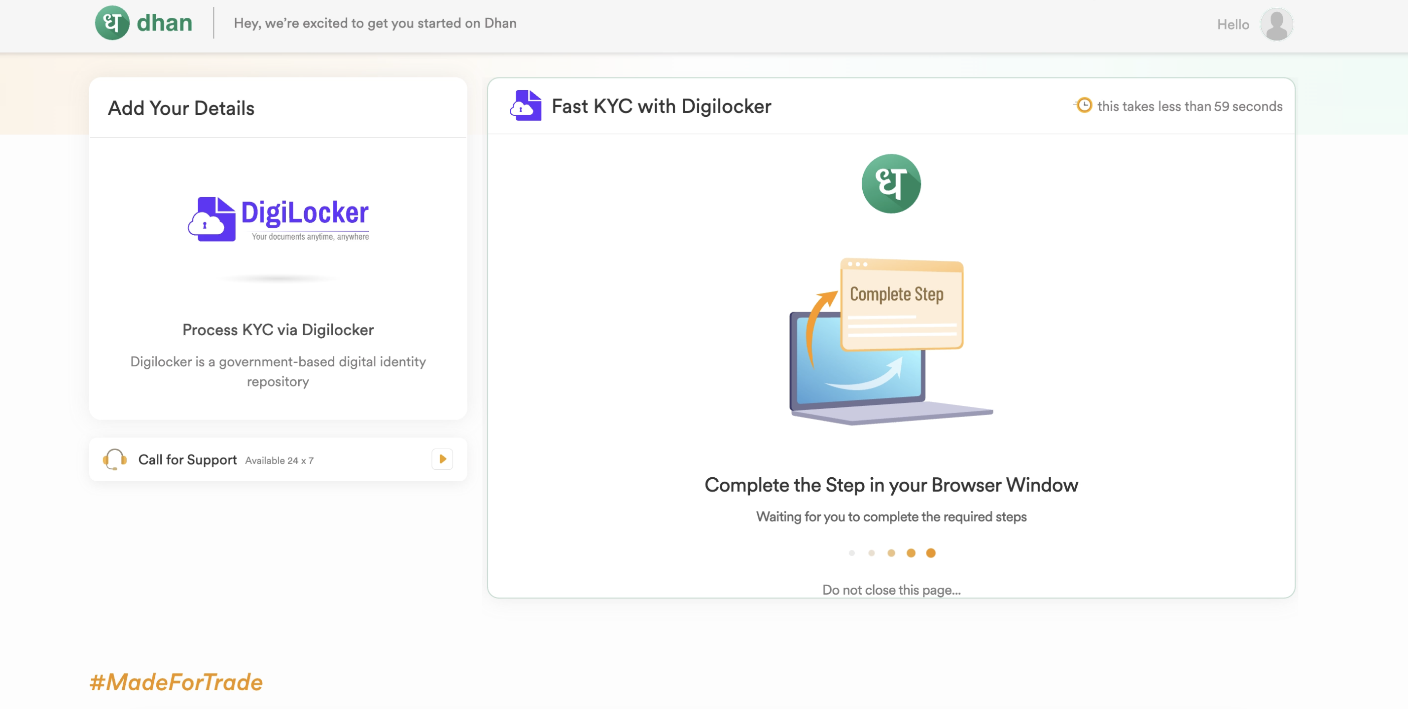 Dhan waiting screen while DigiLocker KYC step completes in a separate browser window