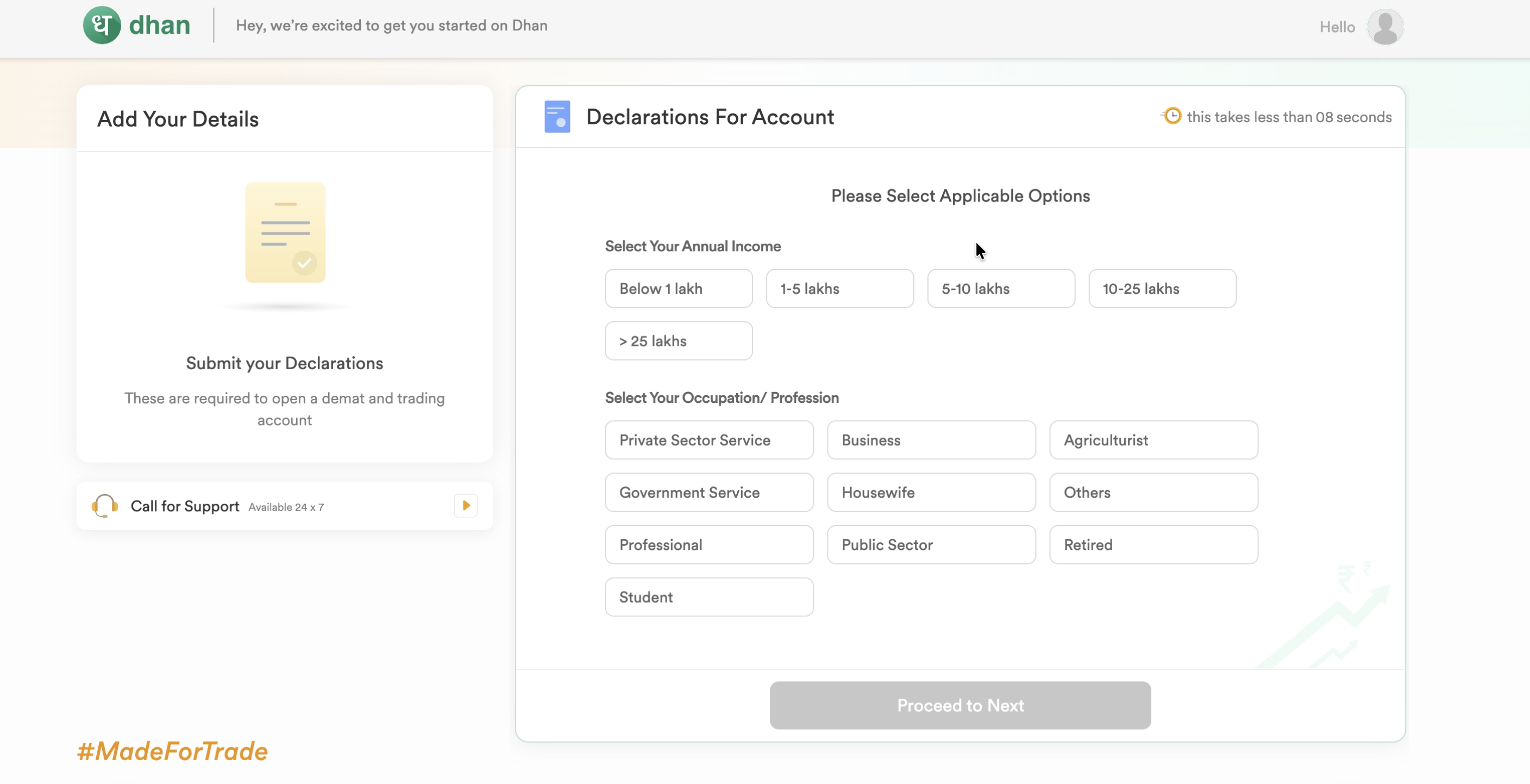 Dhan declarations screen for selecting annual income bracket and occupation