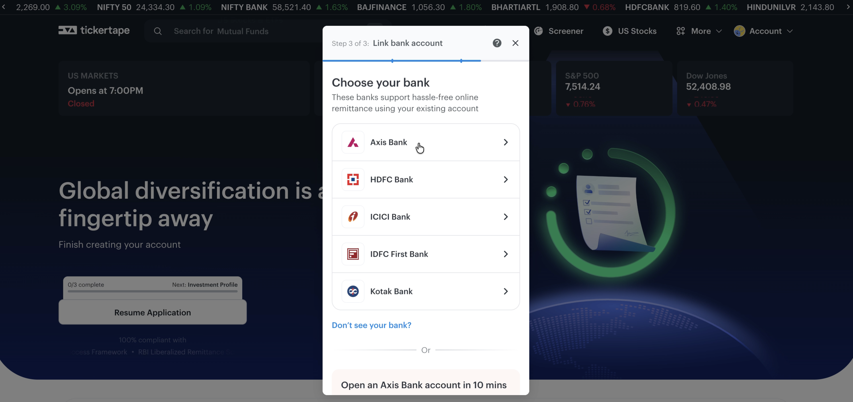 Tickertape bank account linking interface