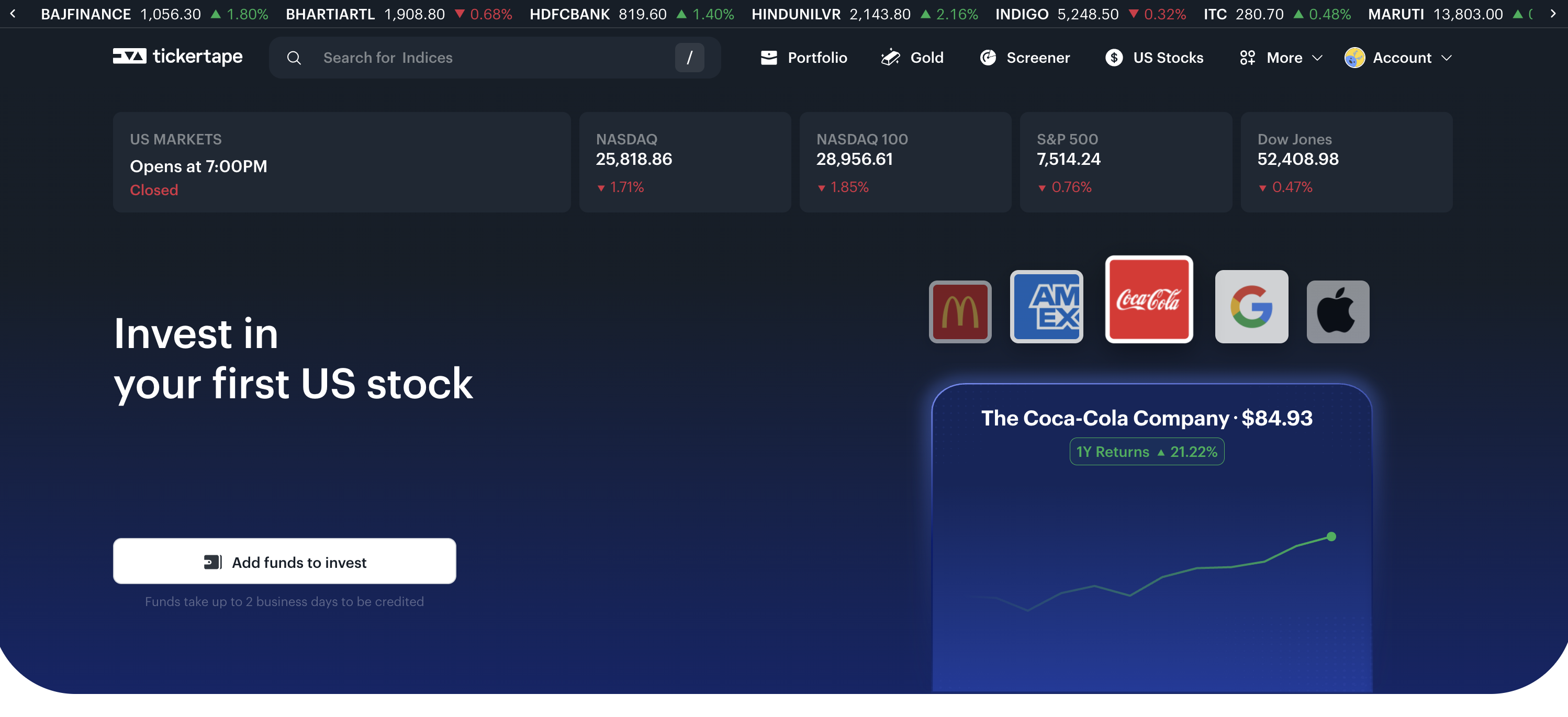 Tickertape US Stocks Screener showing filtering options and stock list