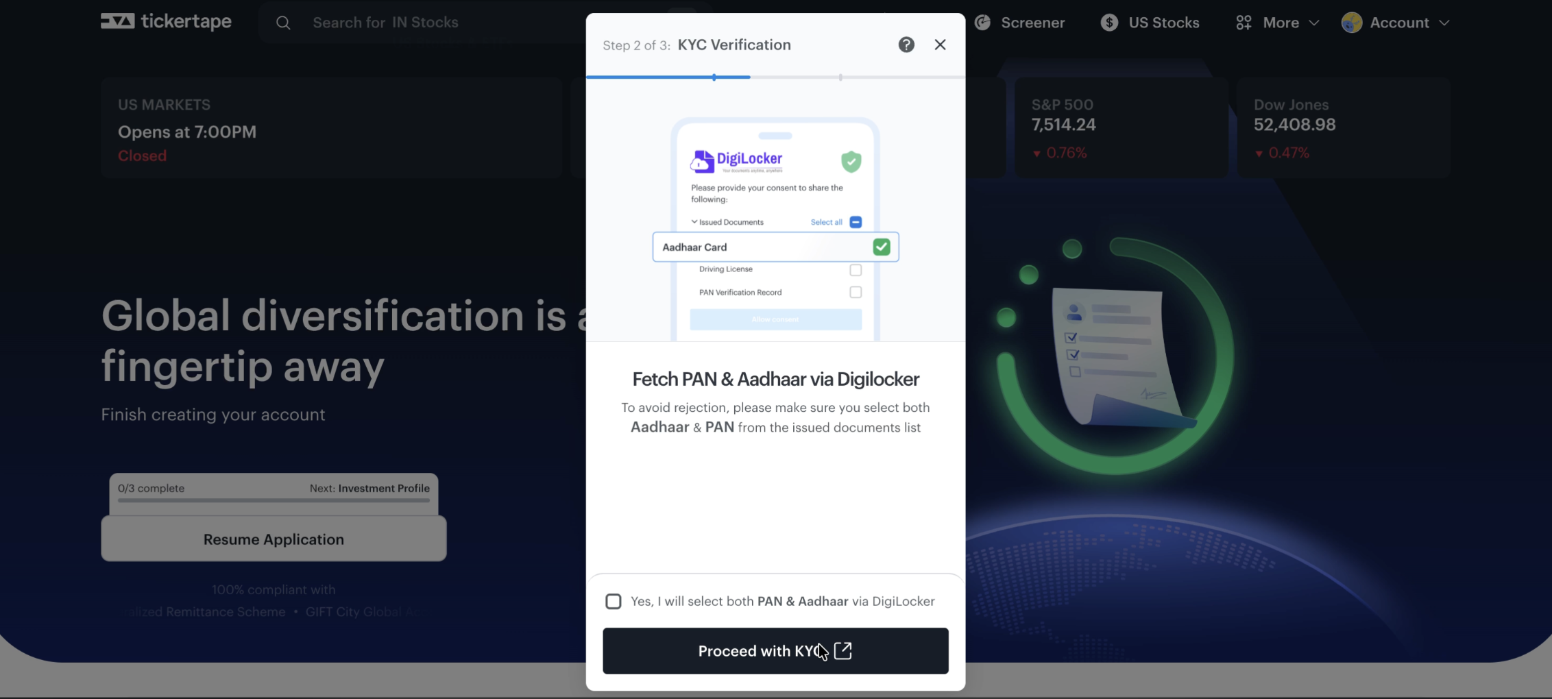 Tickertape KYC verification gate offering DigiLocker retrieval authorization