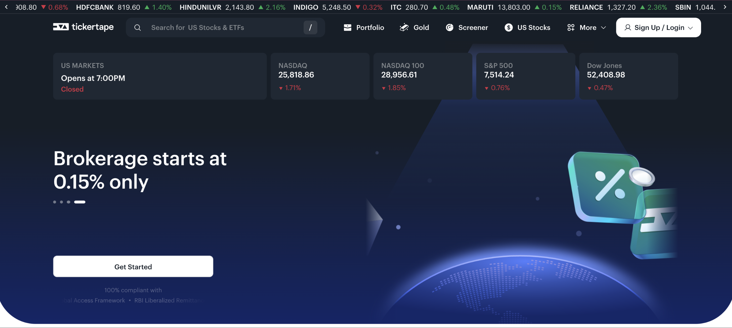 Tickertape US Stocks landing page with Get Started action button