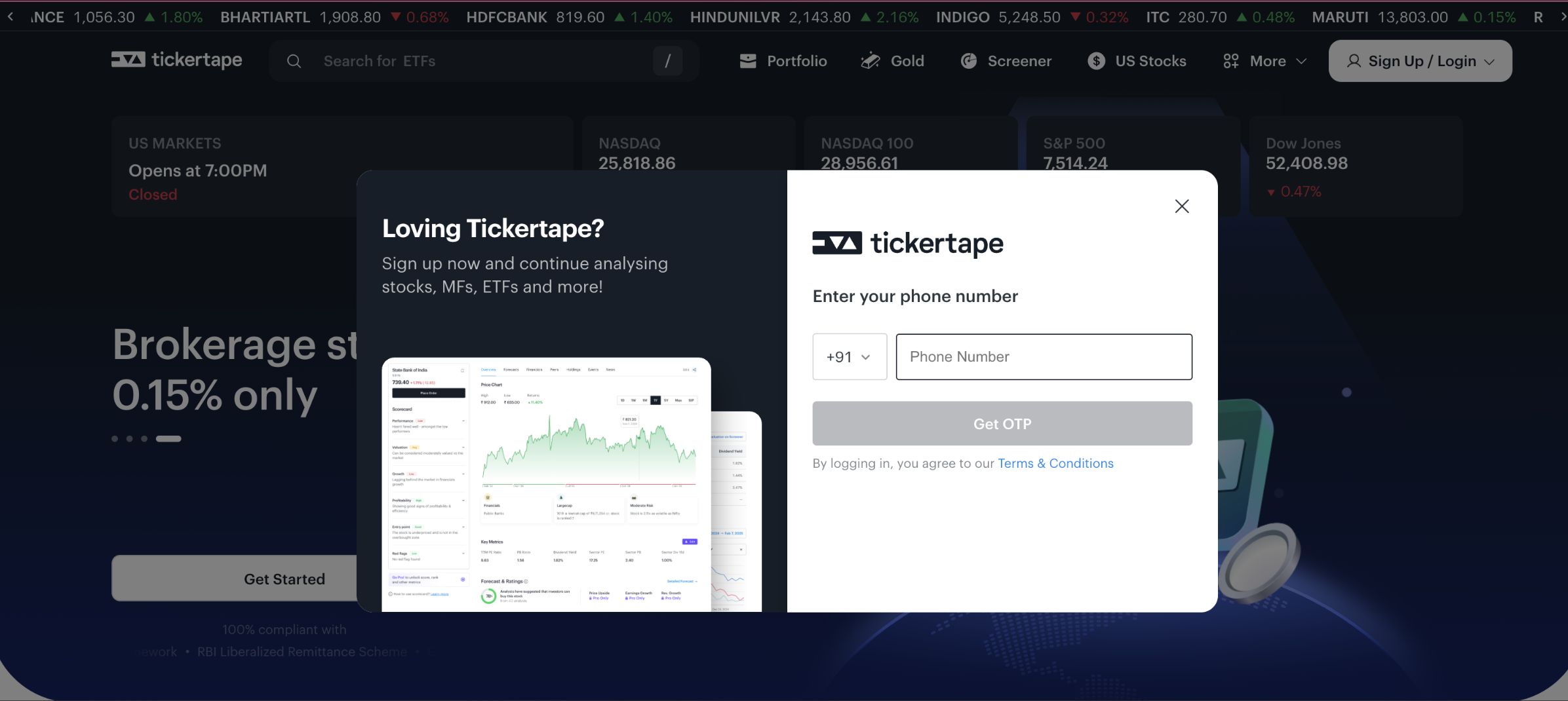 Tickertape phone number and OTP verification screen